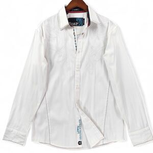 Roar Shirt Mens Large White Embroidered Western Long Sleeve Contrast Cuffs Trim